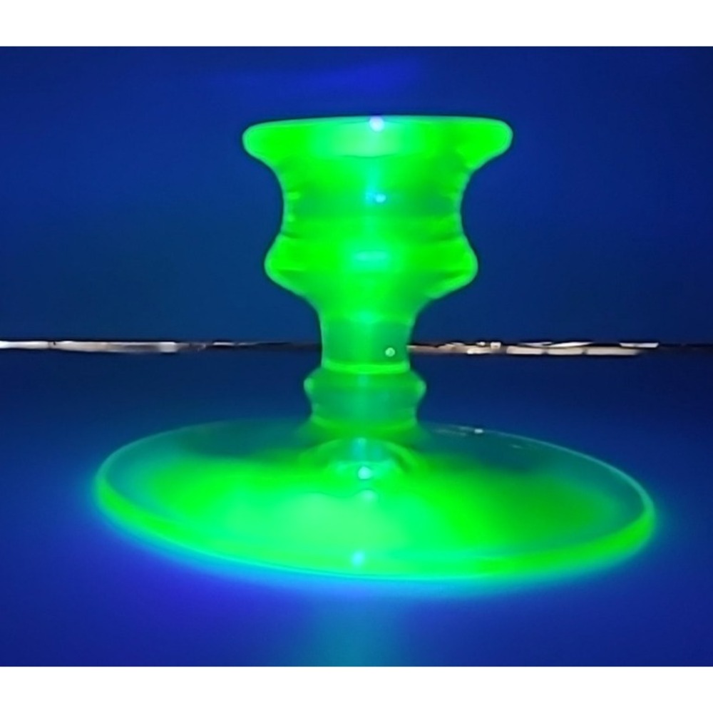 Vintage 3.5" Green‎ Unarium depression vaseline Glass Candlestick Holder